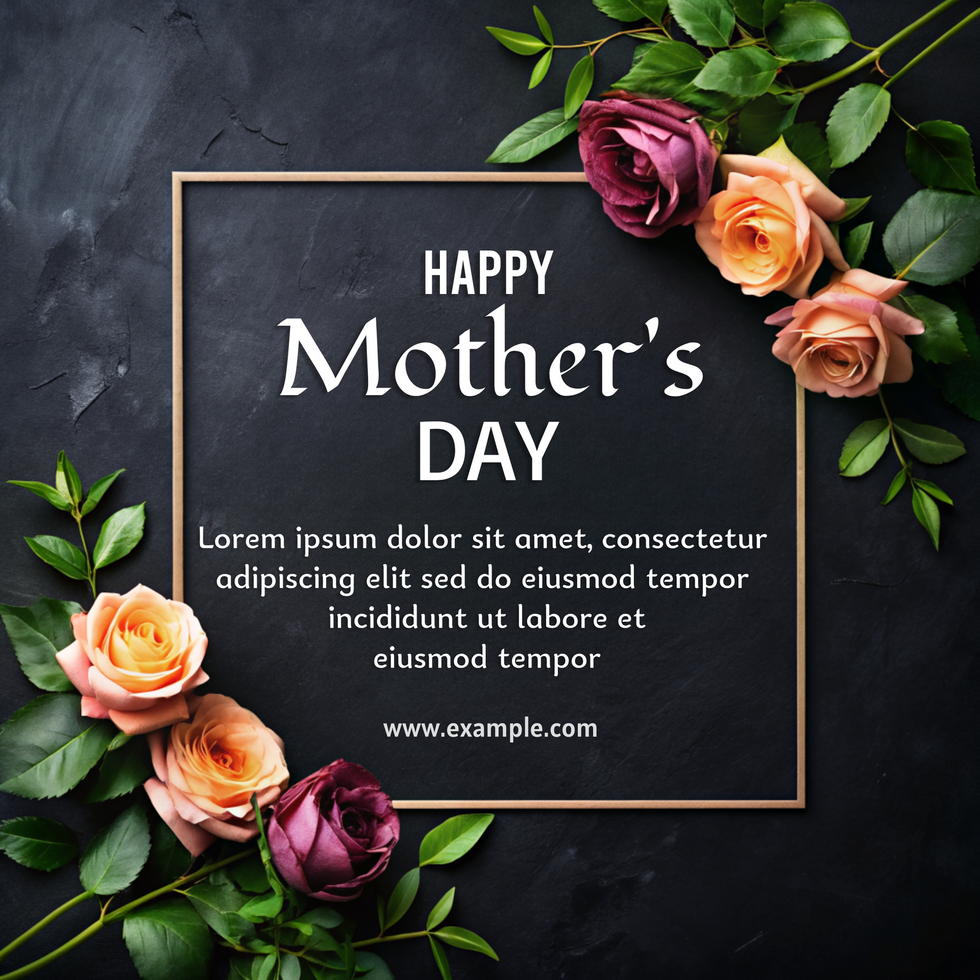 A black background with a frame of flowers and the words Happy Mother's Day psd