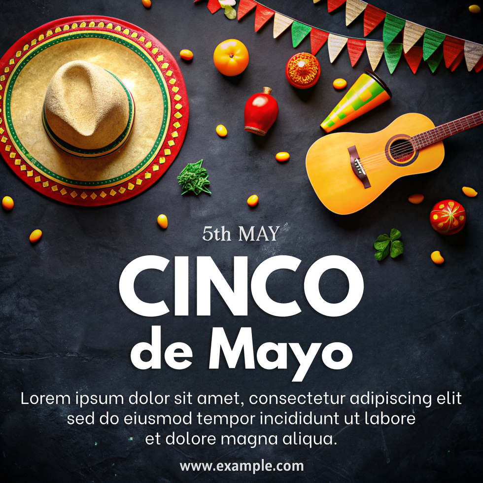 A poster for Cinco de Mayo featuring a hat, a guitar, and a bunch of fruit psd