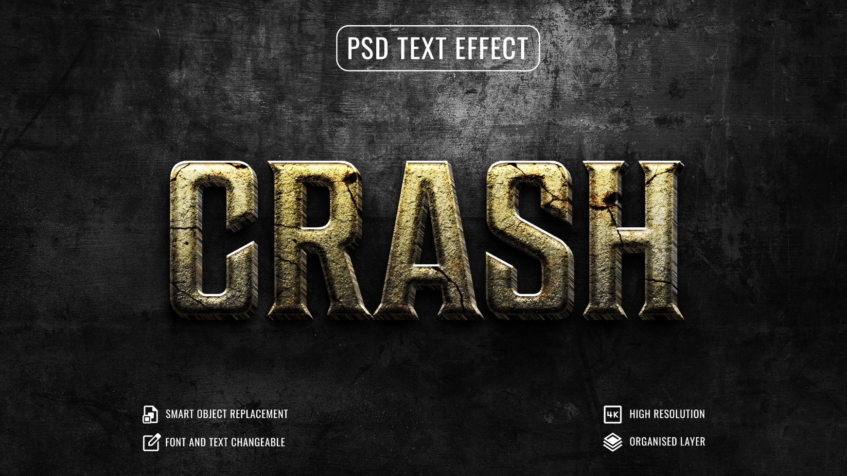 crash text effect with crack texture on a black background psd