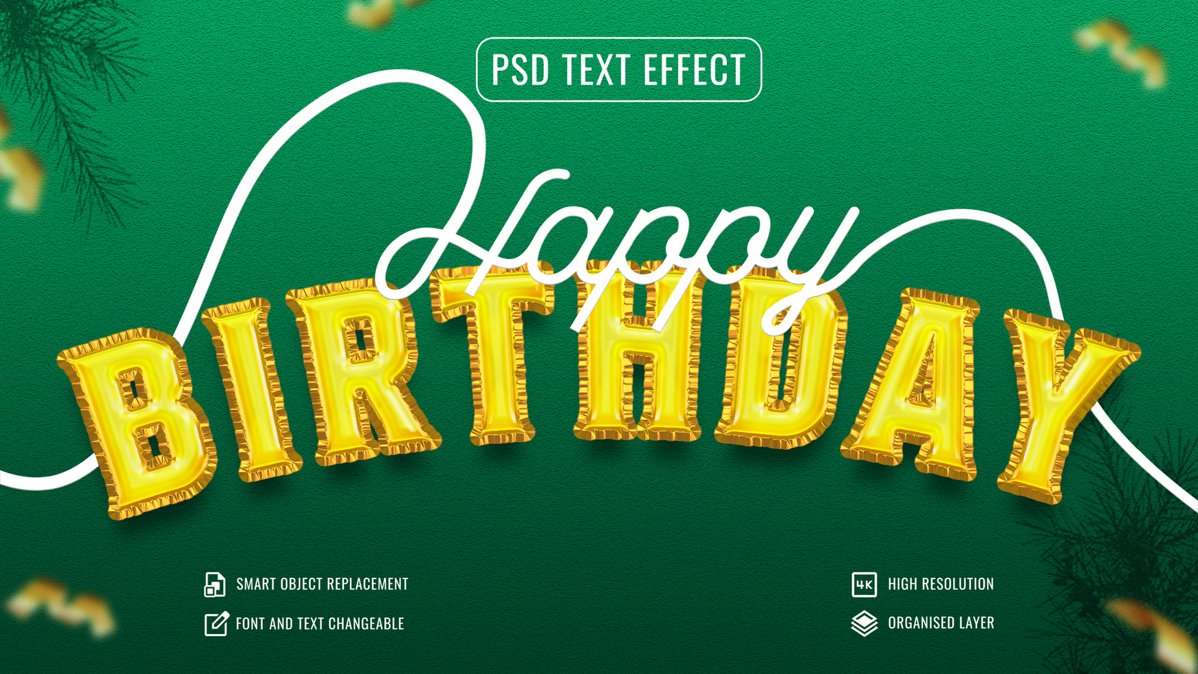 gold foil balloon happy birthday text effect with confetti background psd
