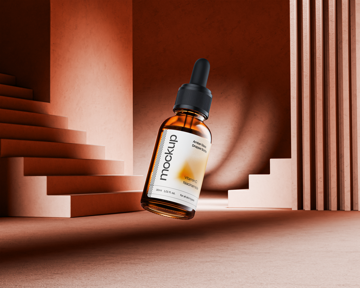 Realistic Amber Glass Dropper Bottle 30ml Round Label Product Visualization psd