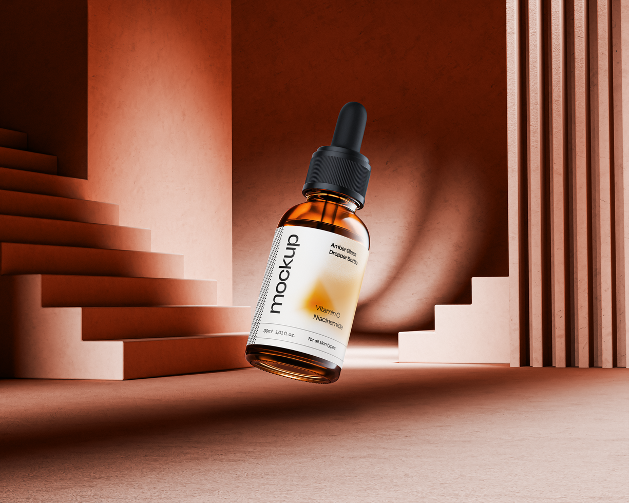Realistic Amber Glass Dropper Bottle 30ml Product Visualization psd
