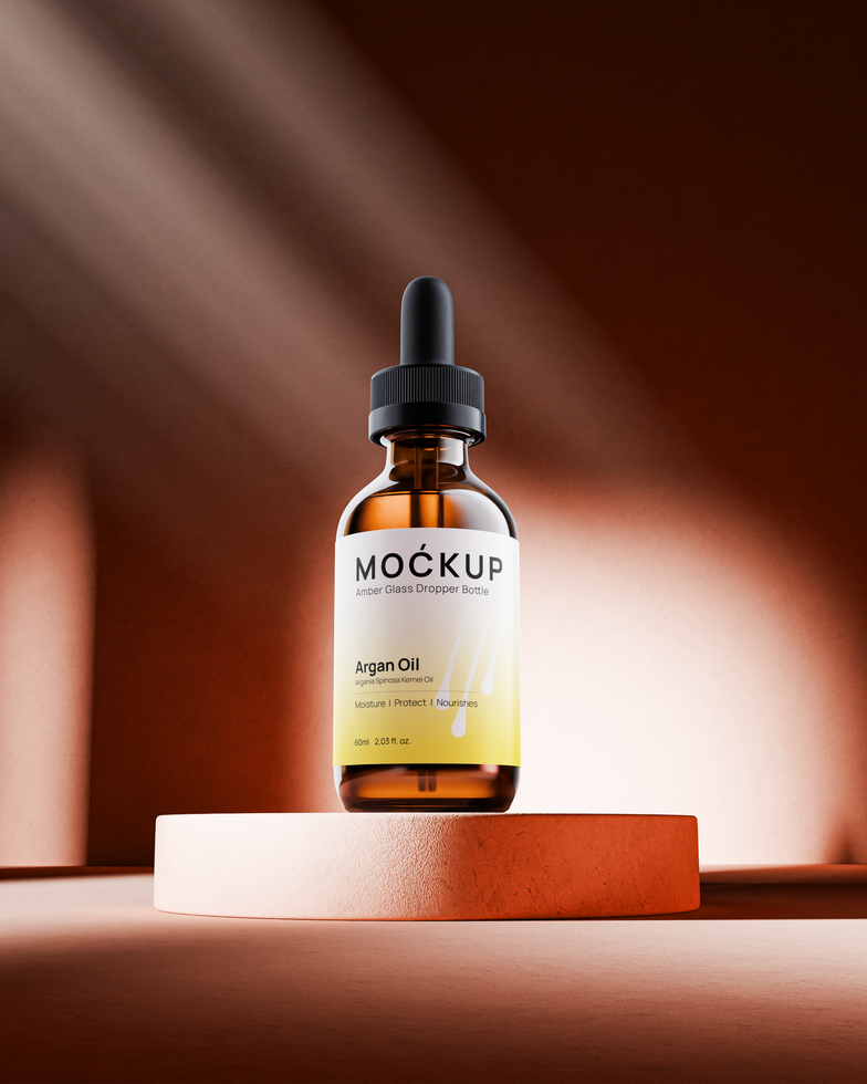 Realistic Amber Glass Dropper Bottle 60ml Product Visualization psd