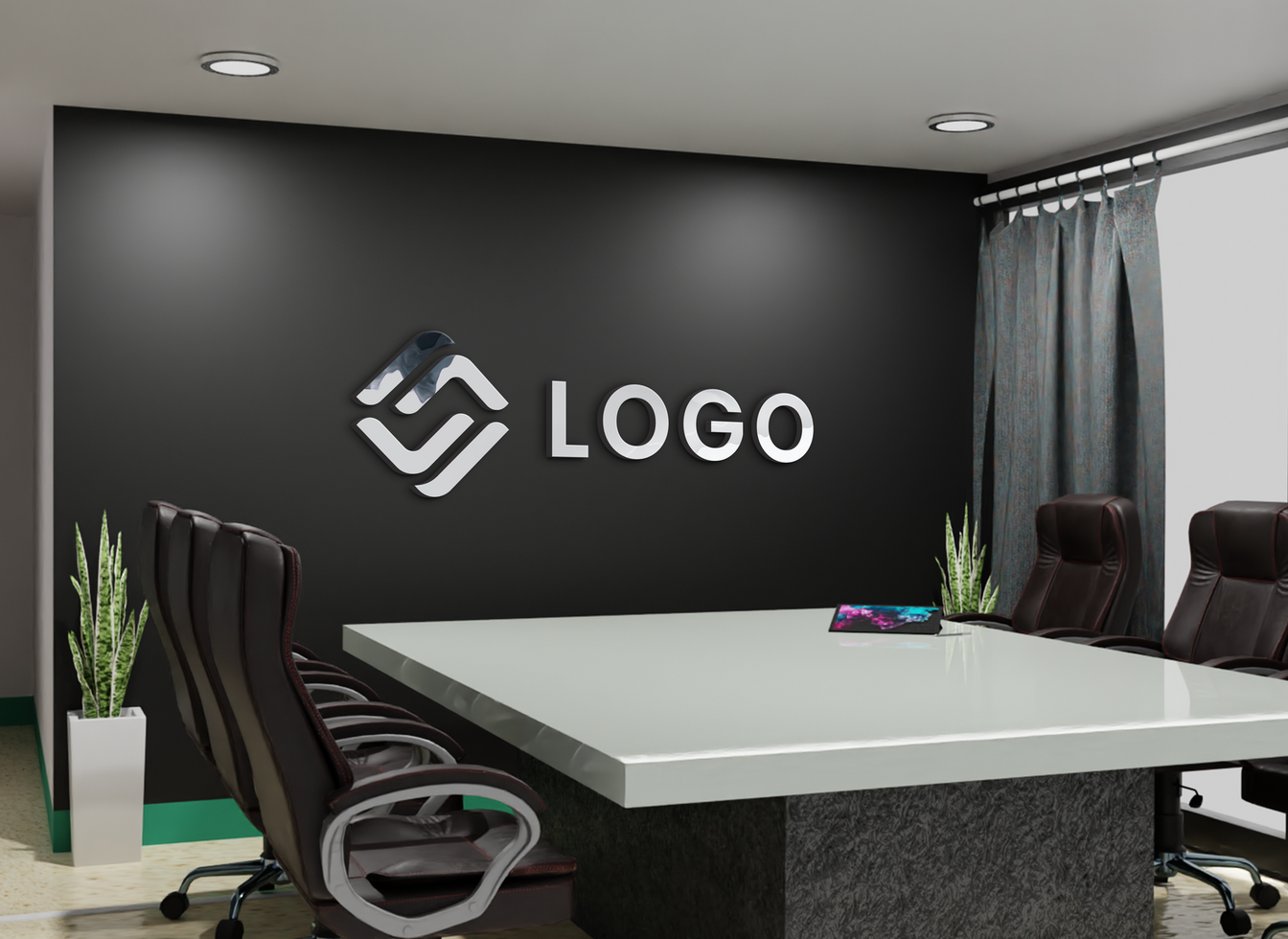 Embossed logo mockup on office wall psd