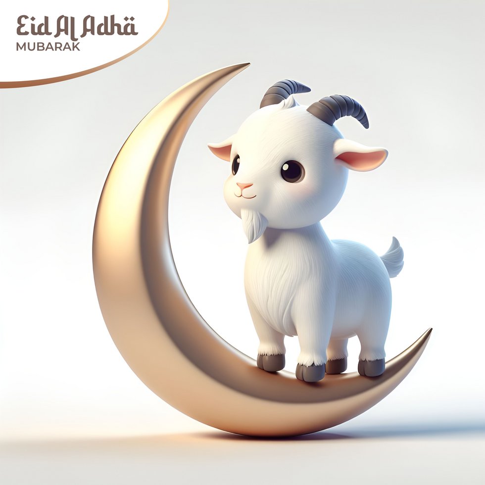 Happy Eid al-Adha. 3d image of a cute sheep and crescent moon psd