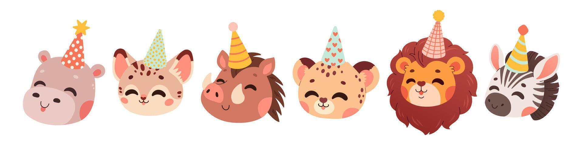 Happy birthday concept animal set. Collection of adorable wildlife. Birthday party funny animal character illustration for greeting card, invitation, kid, education, prints. vector