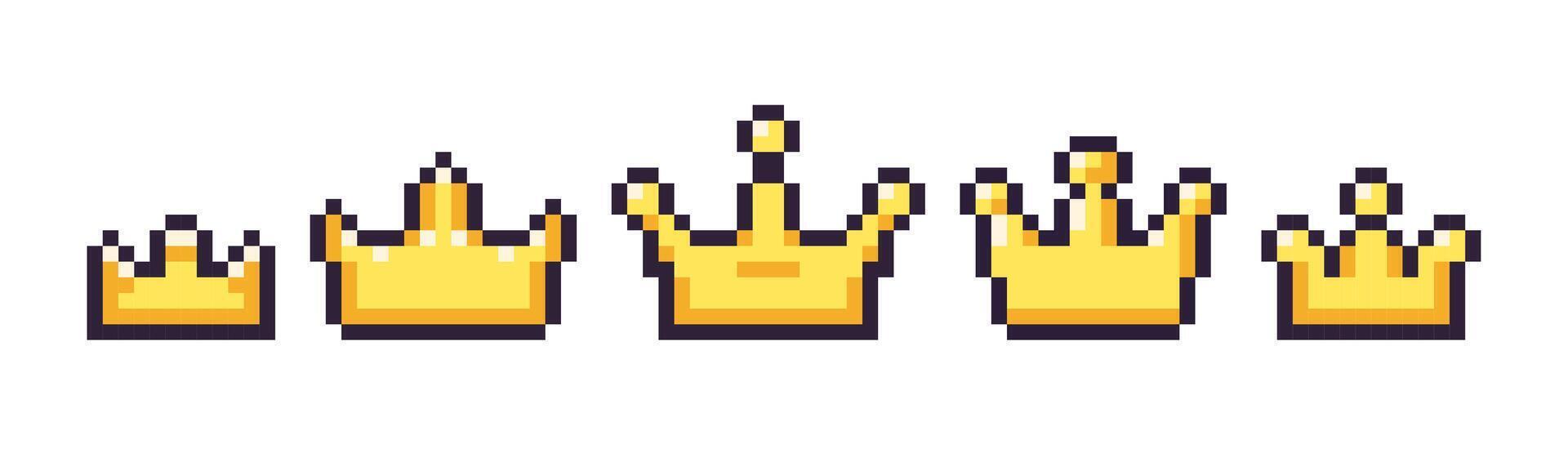 Pixel art 8 bit crown isolated set. Cartoon style illustration of golden crown pixel icons. Isolated on white. vector