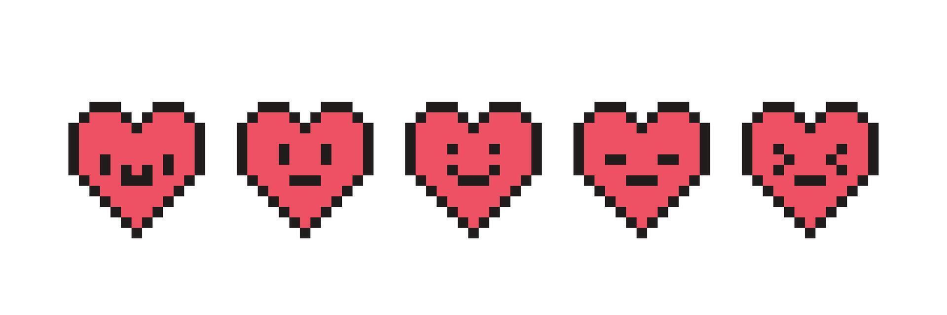 Pixel heart set with faces in retro style. Vintage love symbol, 8 bit illustration for computer game. Web button. vector