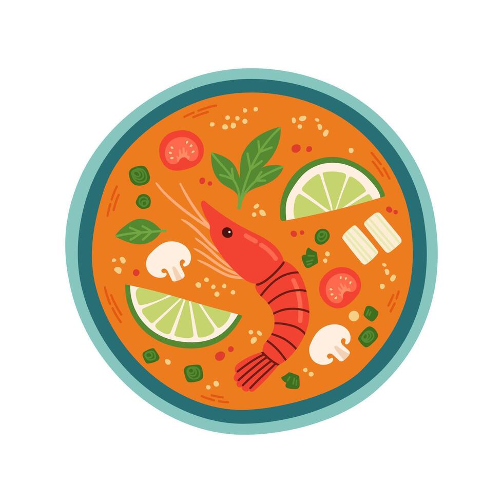 Tom Yum soup top view. Flat Thai Tom Yum Goong or Khung sour and spicy soup Traditional asian dish. Thai Food vector