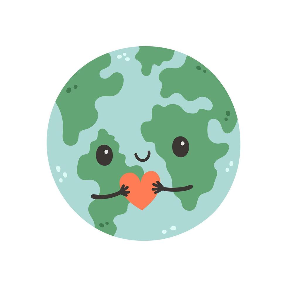 Cute Earth with heart in hands. Cartoon planet Earth globe for card, banner, poster, sticker. Earth day background. vector