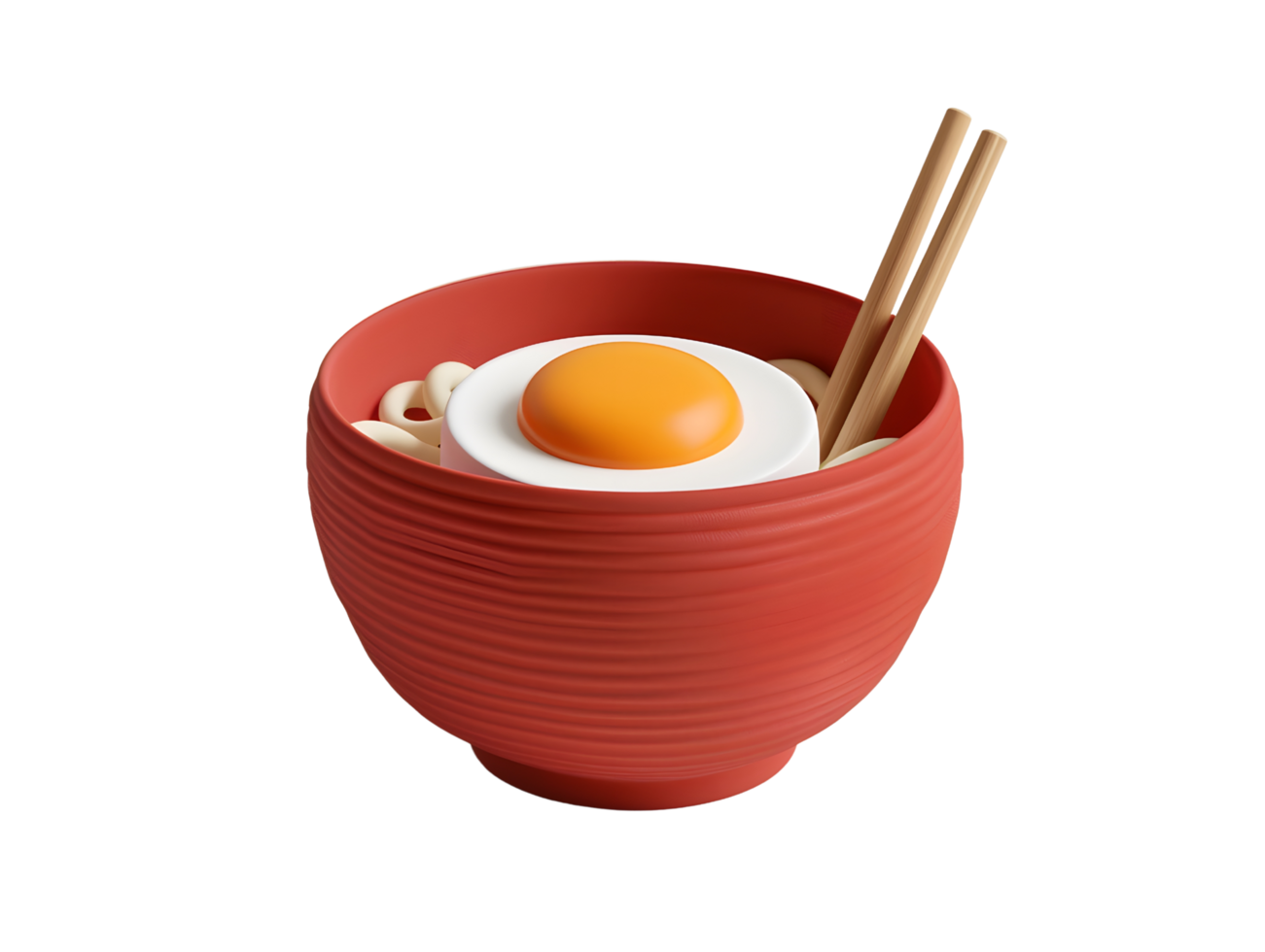 3d illustration of noodles with egg topping in a red bowl png