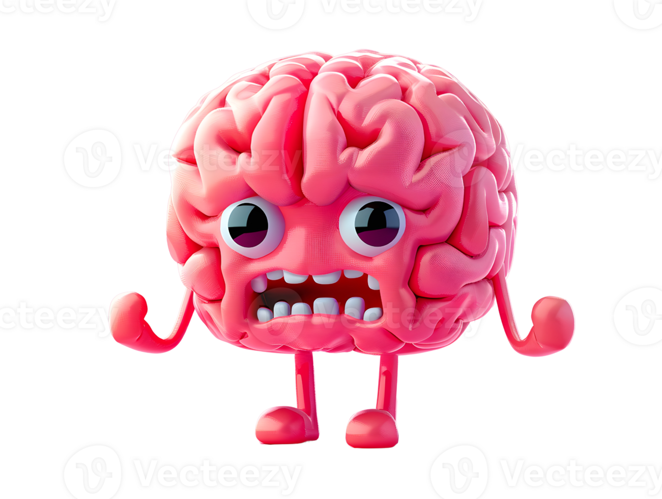 3d illustration of red brain character with angry and anxious expression png