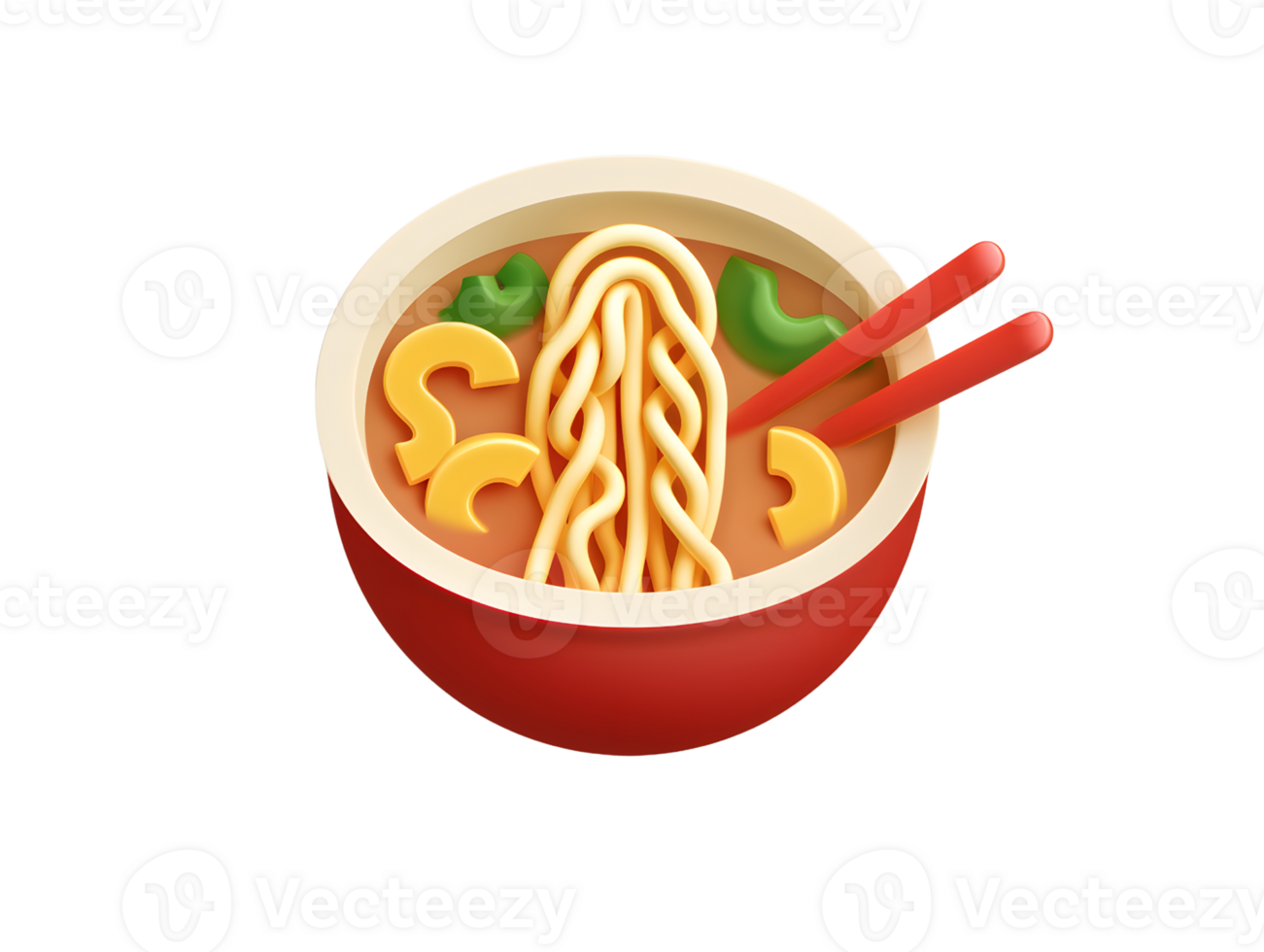 3d illustration of noodles with vegetable toppings in a red bowl png