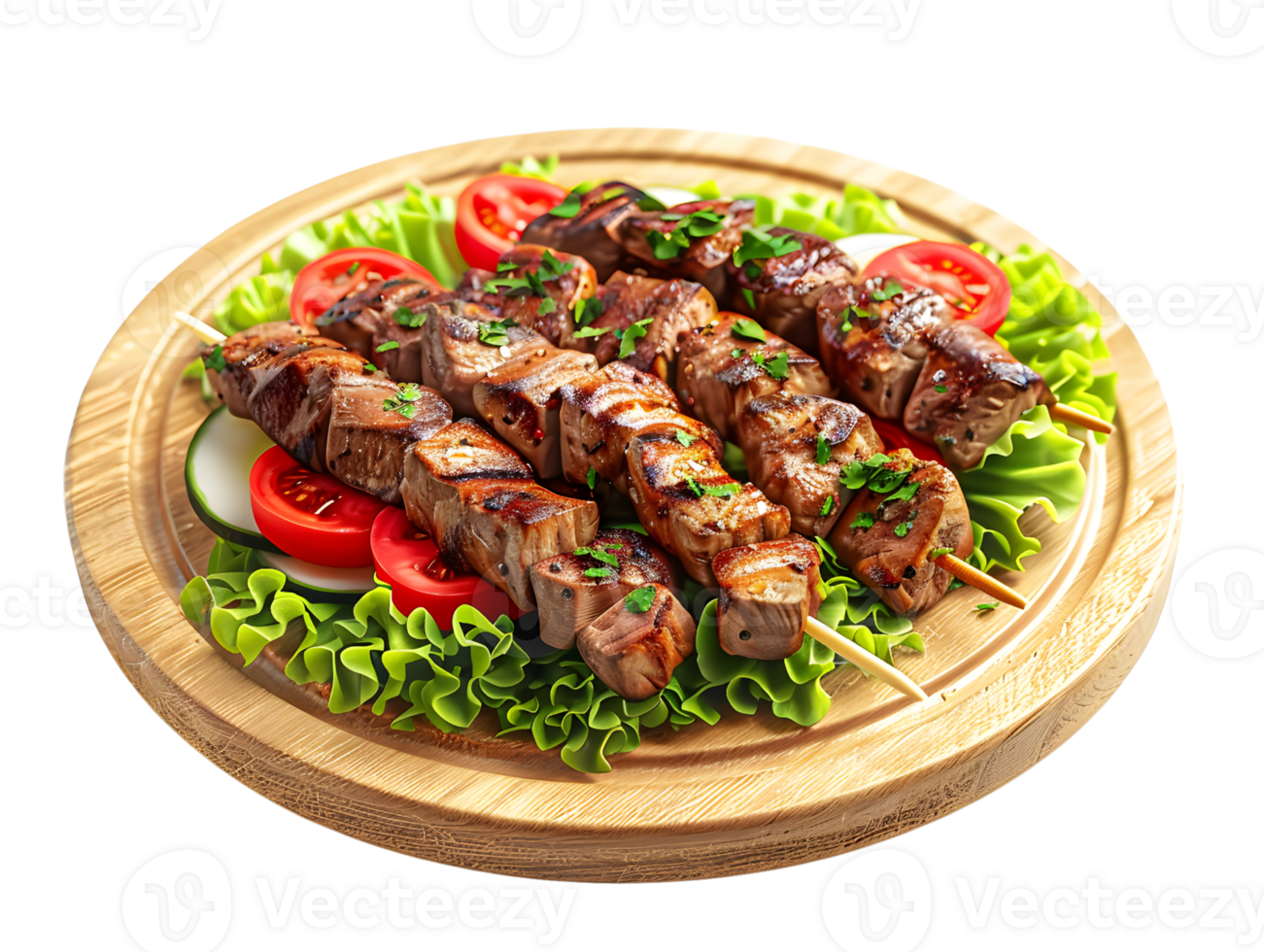 kebab meat with vegetables on a wooden coaster, 3d illustration png