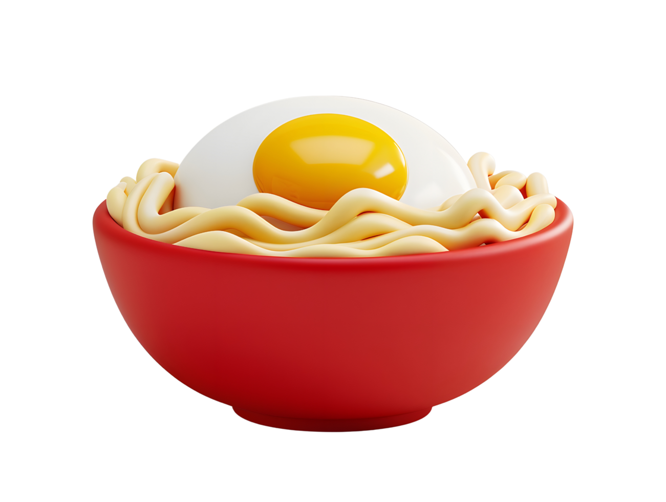 noodles with egg topping in red bowl, 3d illustration png