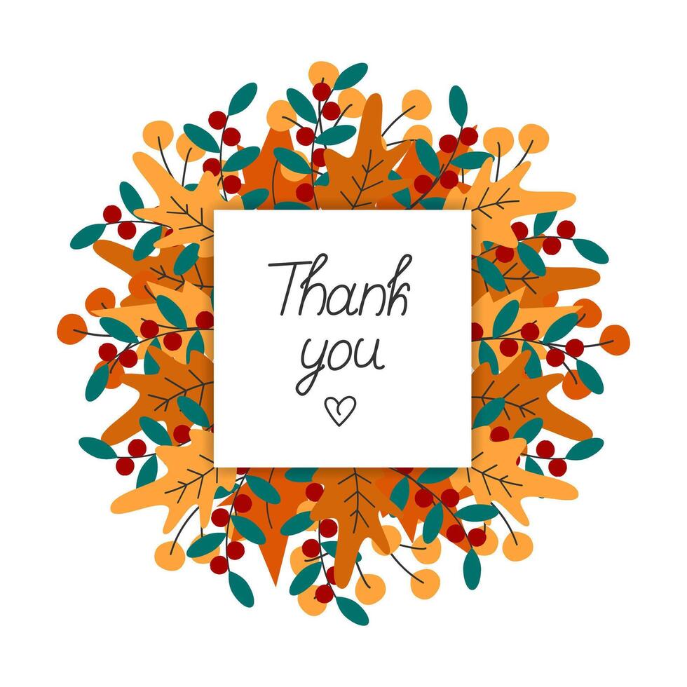 Thank you Handwriting lettering with heart shape on note sticker on a wreath of bright autumn leaves vector