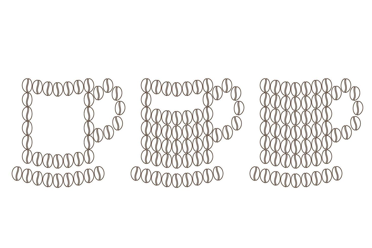 Stylized cups and saucers made of coffee beans Set of 3 Logo Icon or Coffee Day greetings concept vector
