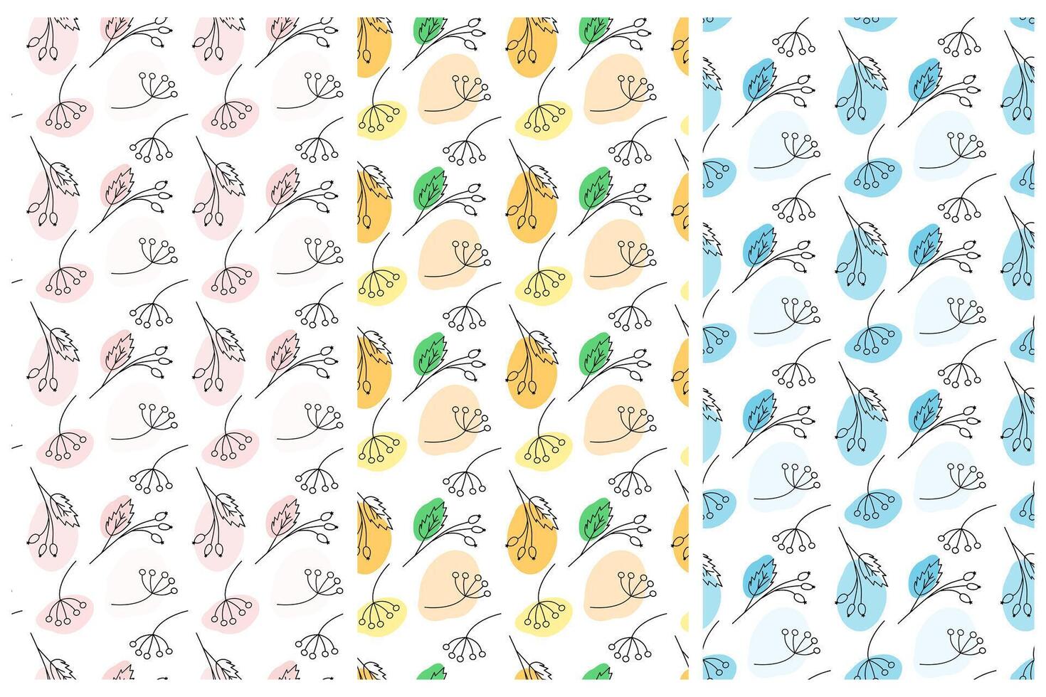 Abstract outline twigs and rose hip with colorful spots in marker shades Seamless patterns Set of 3 vector