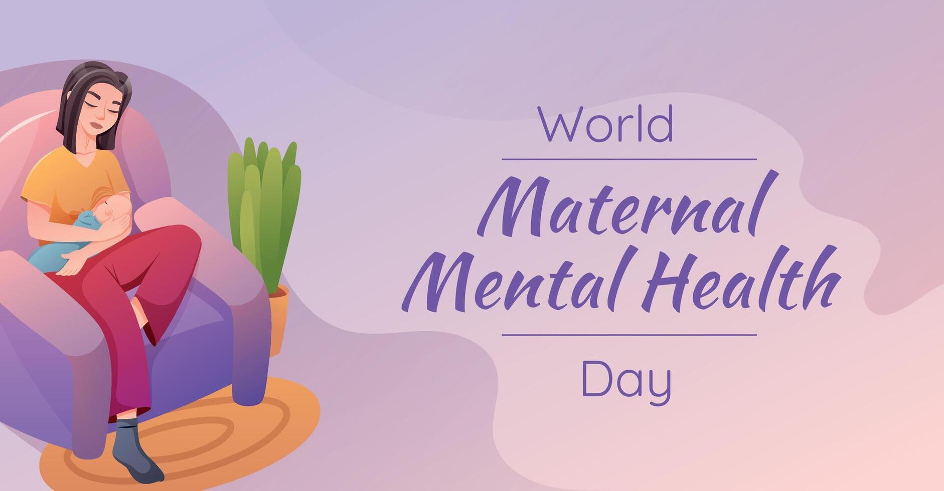 World Maternal Mental Health Day. horizontal holiday banner. Cartoon illustration of a woman with a newborn baby sitting in a chair and breastfeeding. vector