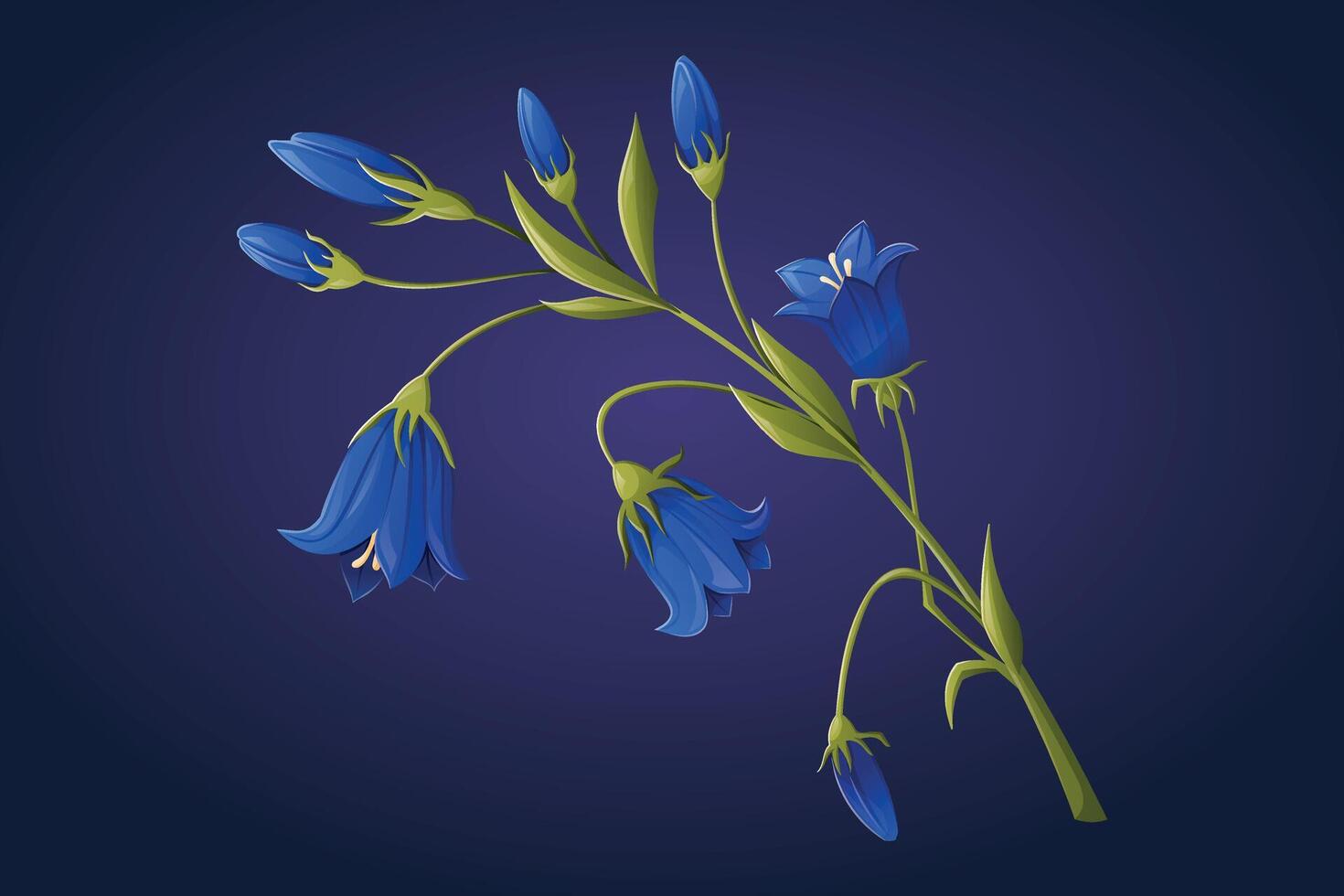 Branch with leaves and bluebell flower buds. isolated cartoon illustration of a wild field plant. vector