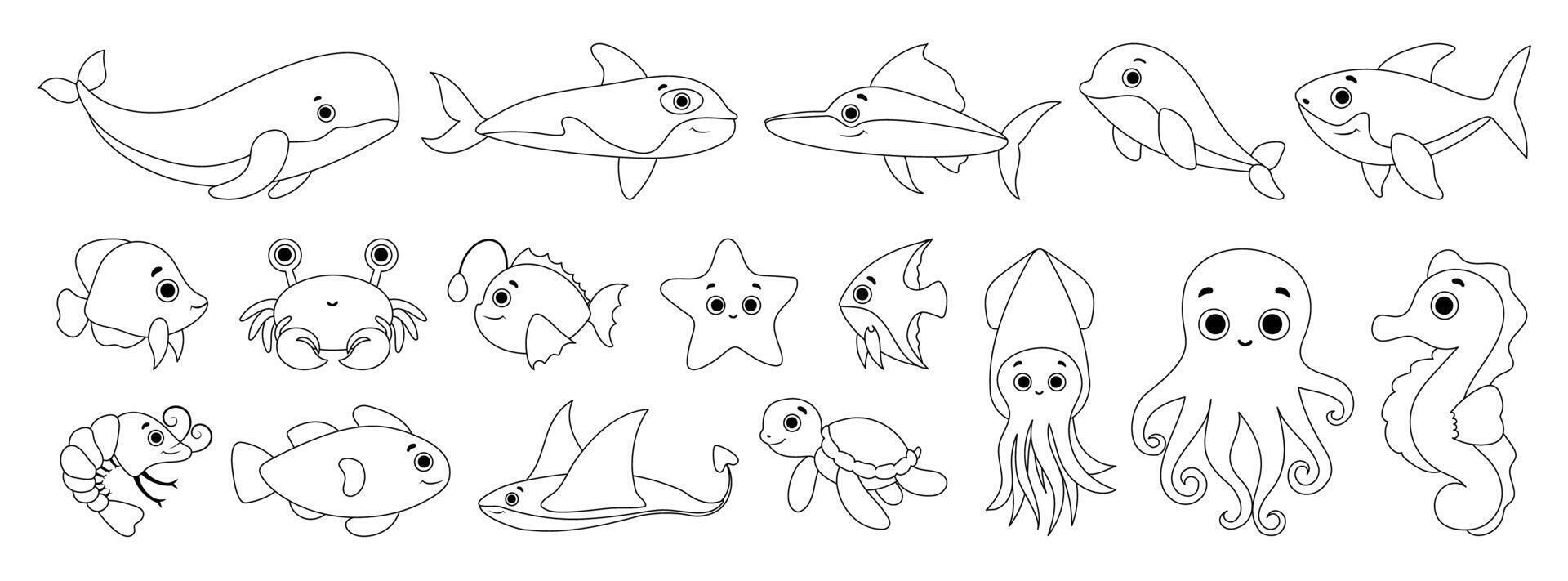 Sea animals coloring pages for kids vector