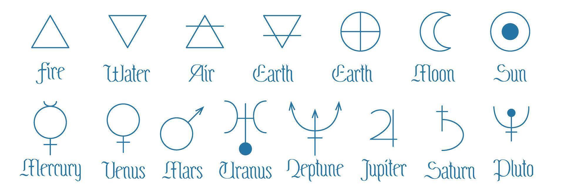 Set of minimalistic symbols of astrology planets, elements and astronomy. Outline icons isolated on white background. Simple alchemical icons, pictograms, planet symbols. Mystical planetary signs vector