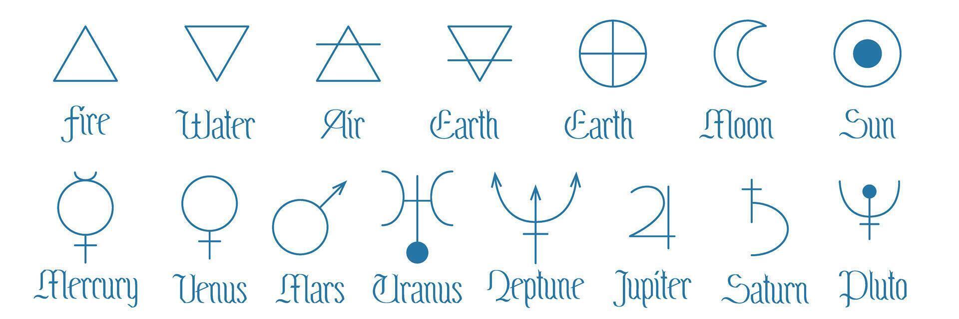 conjunto de minimalista símbolos de astrología planetas, elementos y astronomía. contorno íconos aislado en blanco antecedentes. sencillo de alquimia iconos, pictogramas, planeta simbolos místico planetario señales vector