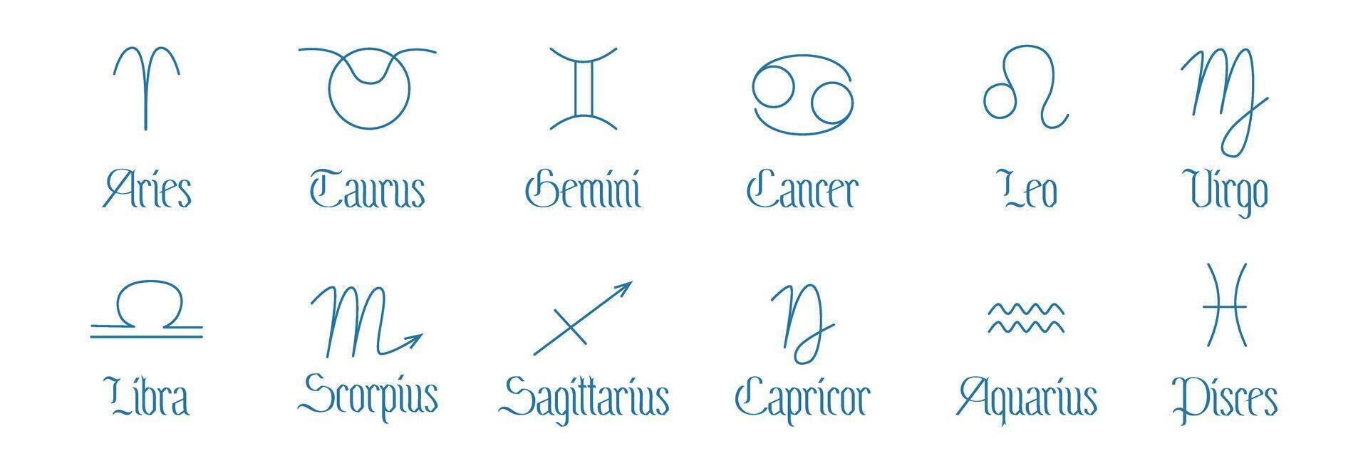 Set of minimalistic symbols of astrological symbols of zodiac signs and their names. Outline icons isolated on white background. Simple alchemical icons, pictograms, planet symbols. Mystical planetary vector