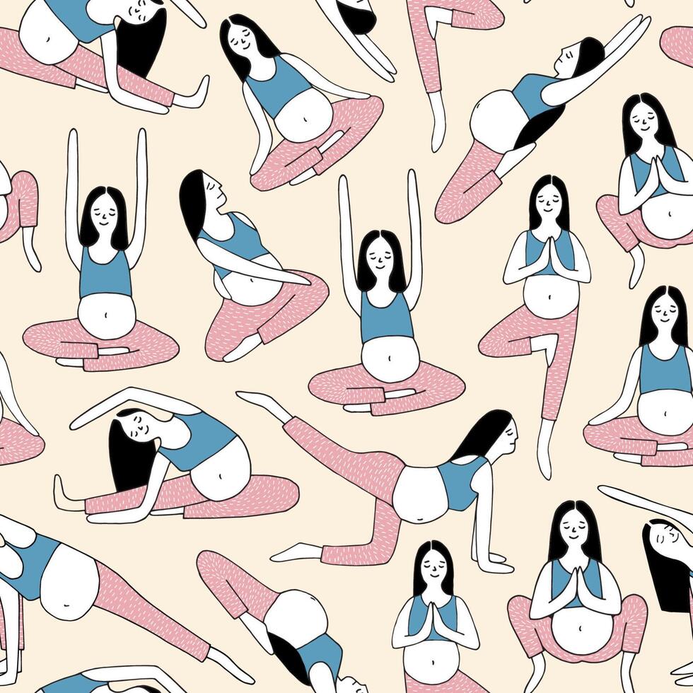 Seamless pattern with pregnant woman performing yoga and meditating against light background. Backdrop with cute female cartoon character doing gymnastic exercises. Doodle illustration. vector