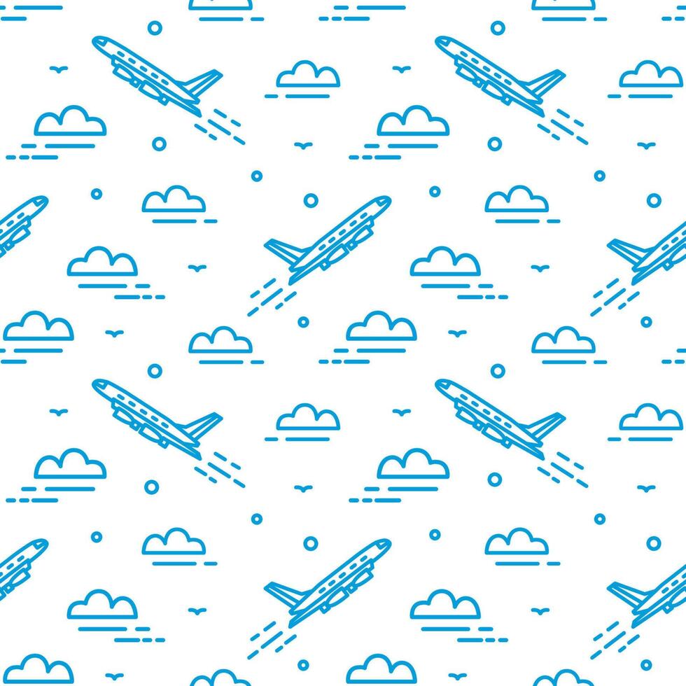 Modern seamless pattern with airplane flying in sky. Backdrop with plane ascending among clouds drawn with lines. illustration in lineart style for wallpaper, wrapping paper, textile print. vector