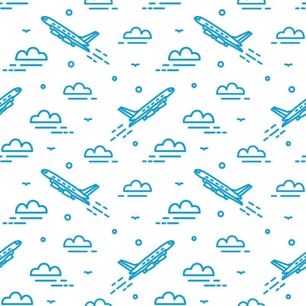 moderno sin costura modelo con avión volador en cielo. fondo con avión ascendente entre nubes dibujado con líneas. ilustración en arte lineal estilo para fondo de pantalla, envase papel, textil impresión. vector