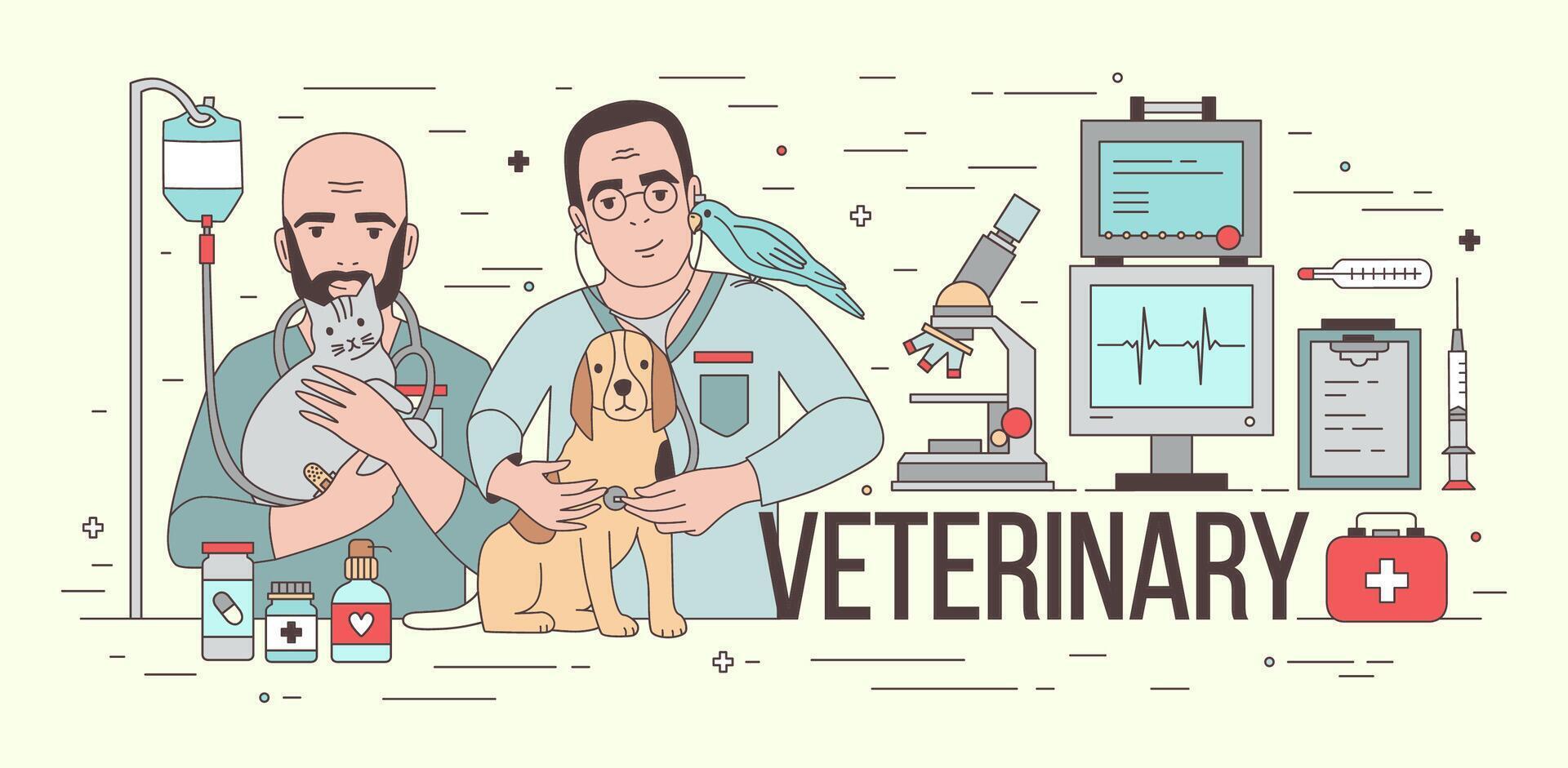 Horizontal banner with medical equipment and two smiling veterinarians holding domestic animals. Pair of friendly vets with pets. Colorful illustration for veterinary clinic advertisement. vector