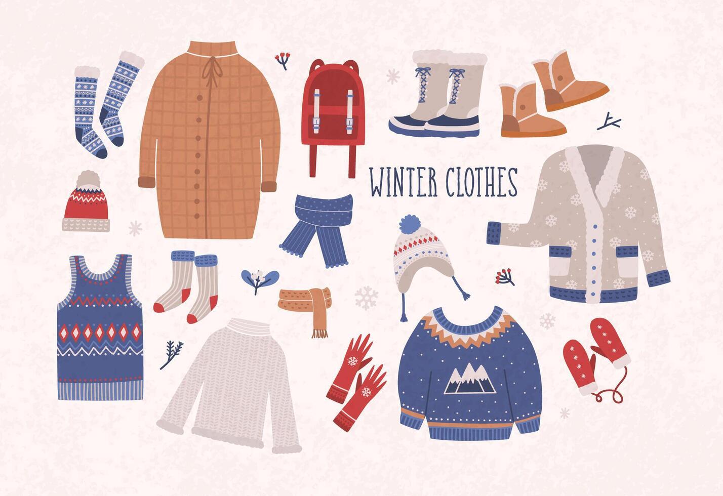 Collection of winter clothes and outerwear isolated on light background, woolen jumper, cardigan, coat, snow boots, scarf, hat, mittens. Bundle of seasonal clothing. Colorful illustration. vector