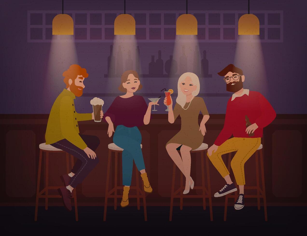 Smiling men and women dressed in stylish clothing sitting at bar, talking and drinking alcoholic drinks. Cheerful friends spending time at pub. Flat cartoon characters. Colorful illustration. vector