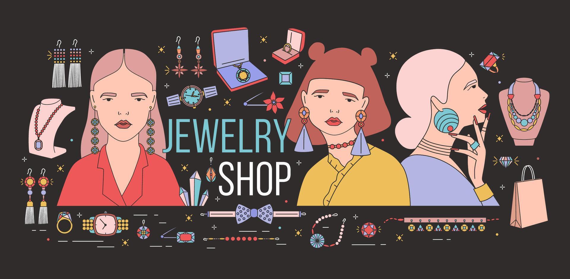 Horizontal banner with young elegant ladies wearing stylish massive earrings surrounded by fashionable jewelry on black background. Colorful illustration for shop or store advertisement. vector