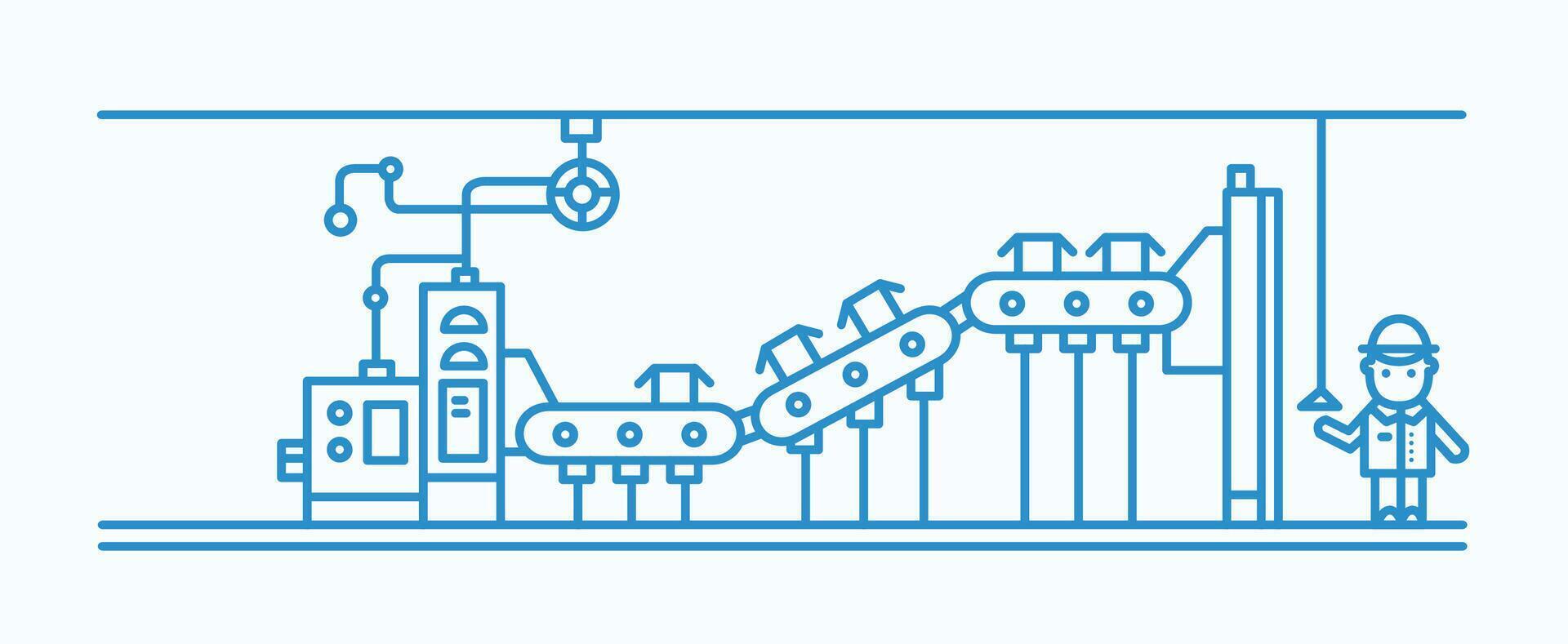 Industrial belt conveyor conveying boxes and factory worker wearing hard hat, standing beside it and controlling system drawn with blue contour lines. Monochrome illustration in lineart style. vector