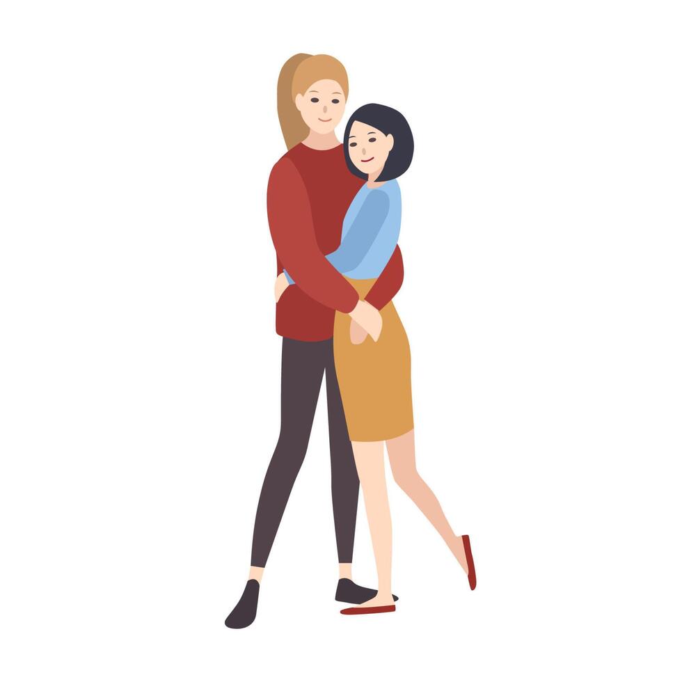 Pair of young happy women dressed in casual clothing, standing together, hugging and smiling. Lesbian couple. Flat cartoon characters isolated on white background. Colorful illustration. vector