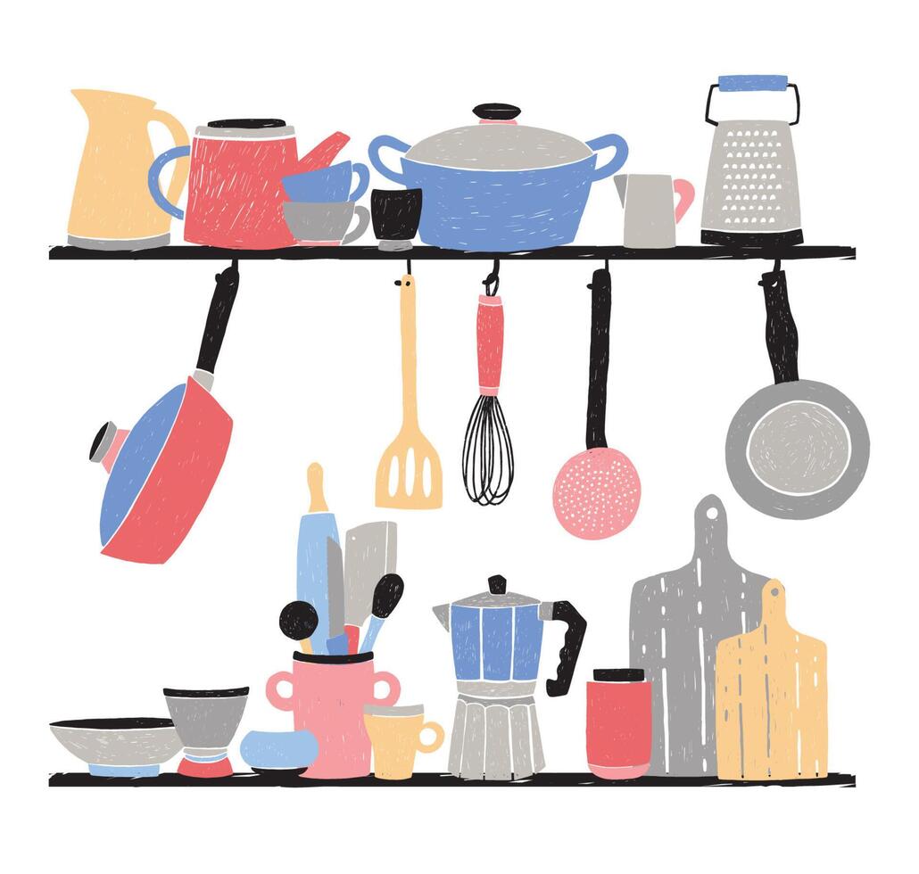 Kitchenware on shelf. Hand drawn illustration on white background. vector