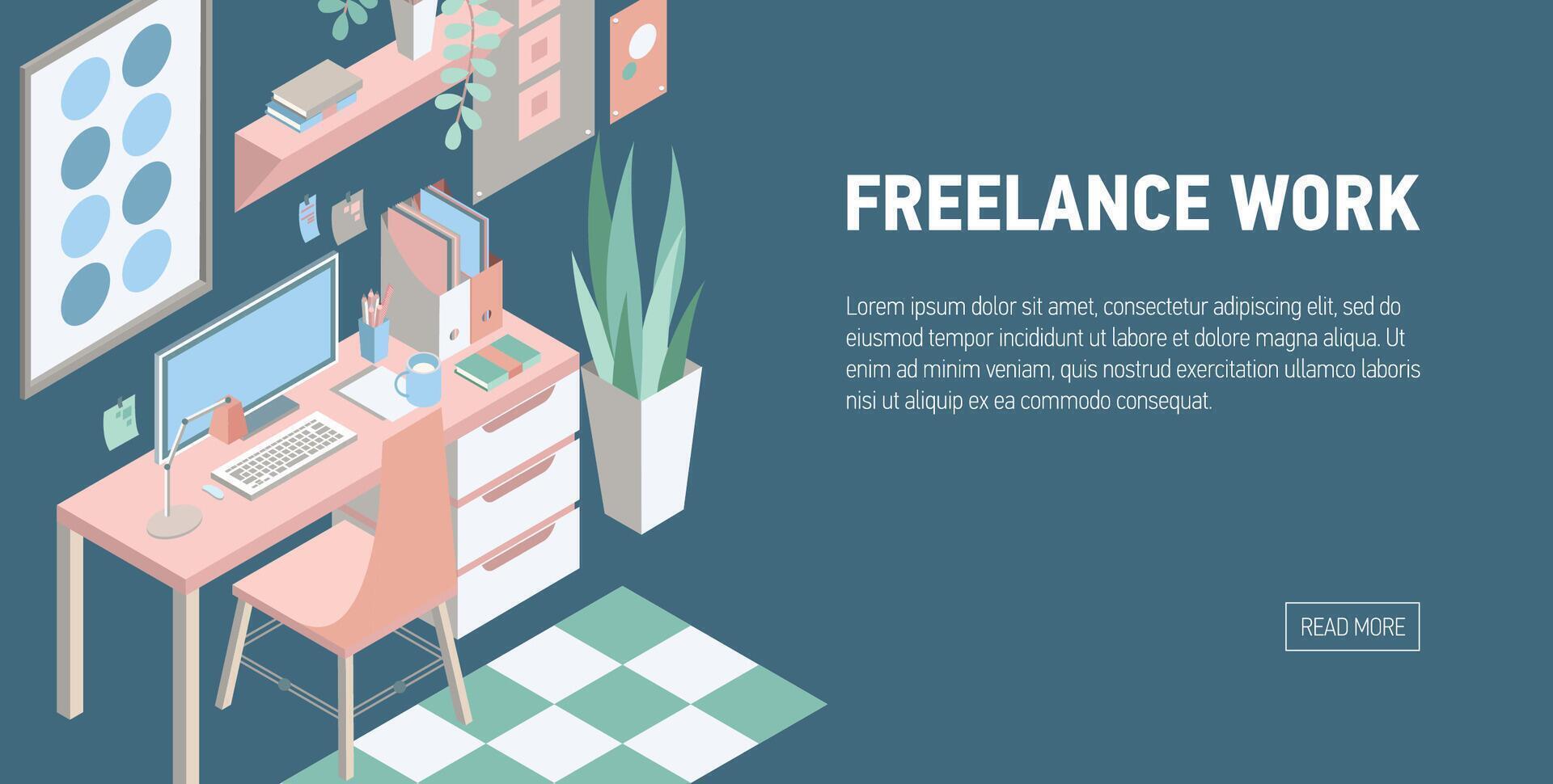 Horizontal banner with isometric desk, chair, computer, shelf, various furnishings and place for text. Modern interior. Freelance work, home office or workplace. Colorful illustration. vector