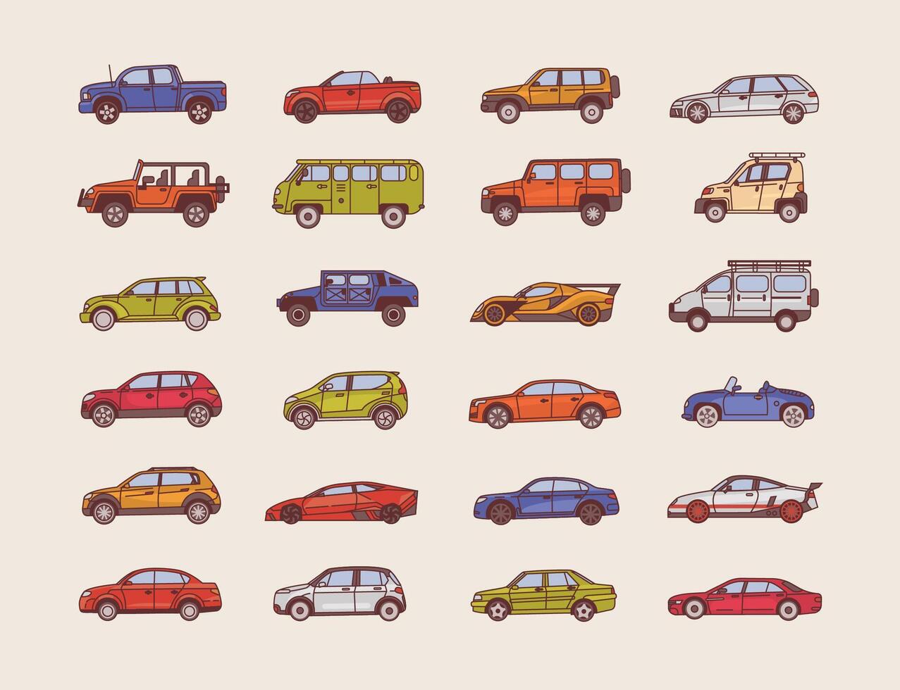 Big collection of cars of various body configuration styles - cabriolet, sedan, pickup, hatchback. Set of modern automobiles of different types. Colorful illustration in line art style. vector