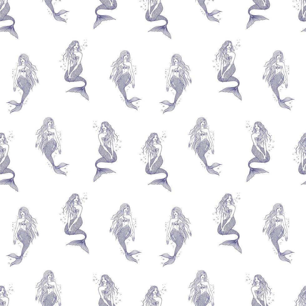 Seamless pattern with hand drawn mermaids on white background. Backdrop with undine. illustration in vintage style for wallpaper, fabric print, wrapping paper. vector