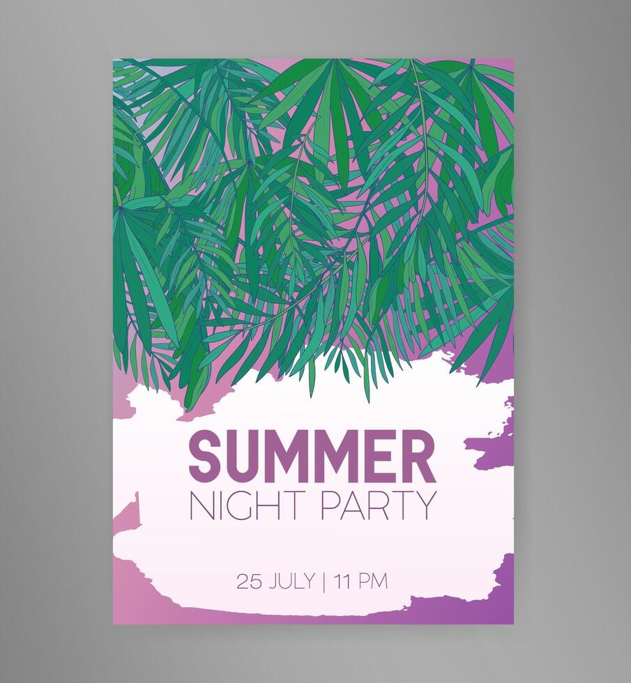 Summer night party flyer or invitation template with hanging green tropical palm leaves or foliage of exotic jungle trees and place for text. Colorful illustration for event advertisement. vector