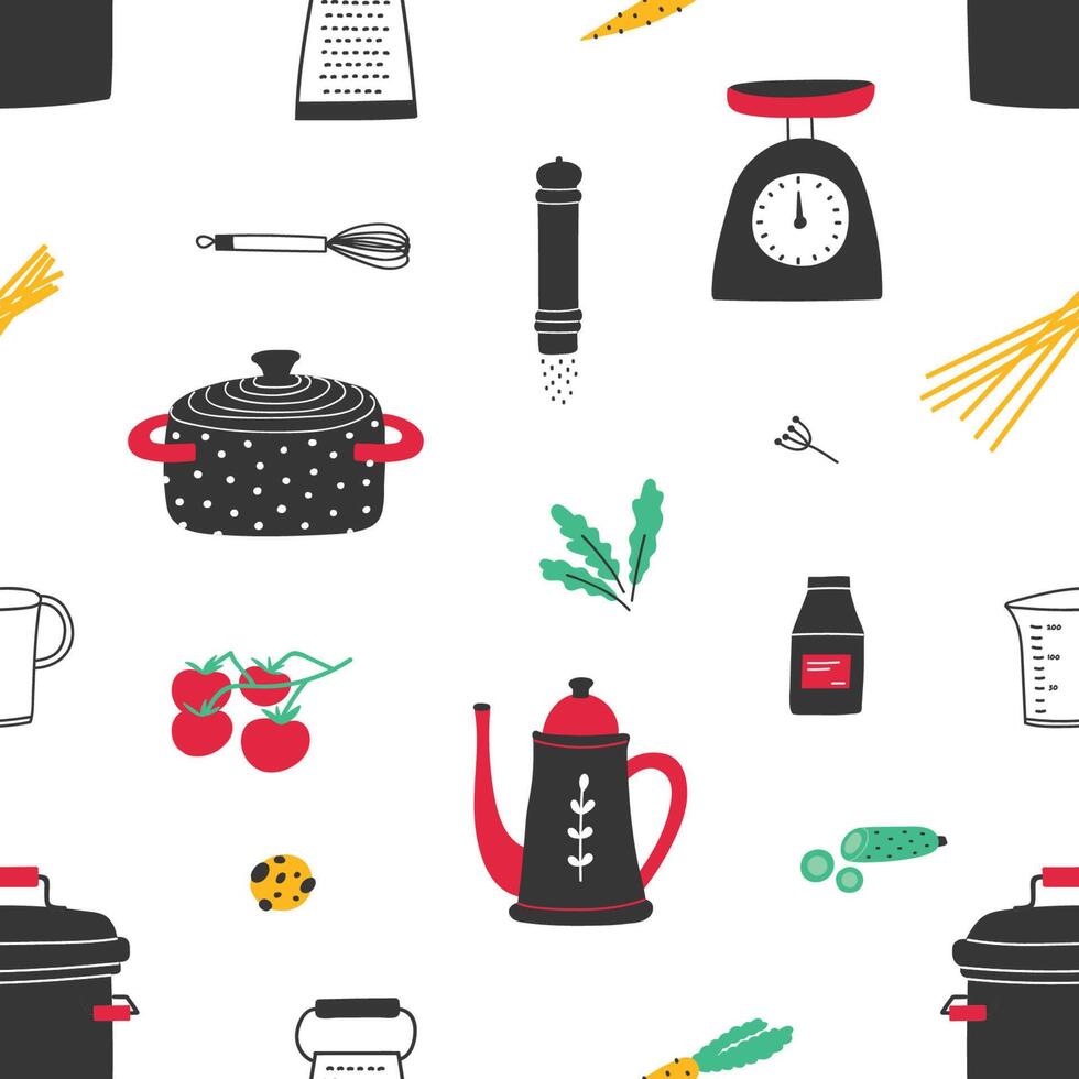 Seamless pattern with hand drawn kitchen utensils on white background. Backdrop with tools for home cooking or food preparation, cookware, ingredients, spices for homemade meals. illustration. vector