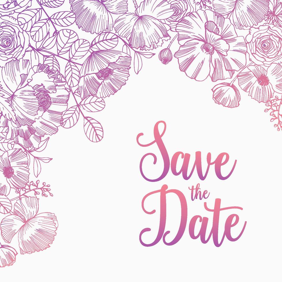 Save The Date card square template decorated with elegant blooming garden flowers, inflorescences, leaves and buds hand drawn with pink contour lines on white background. Natural illustration. vector