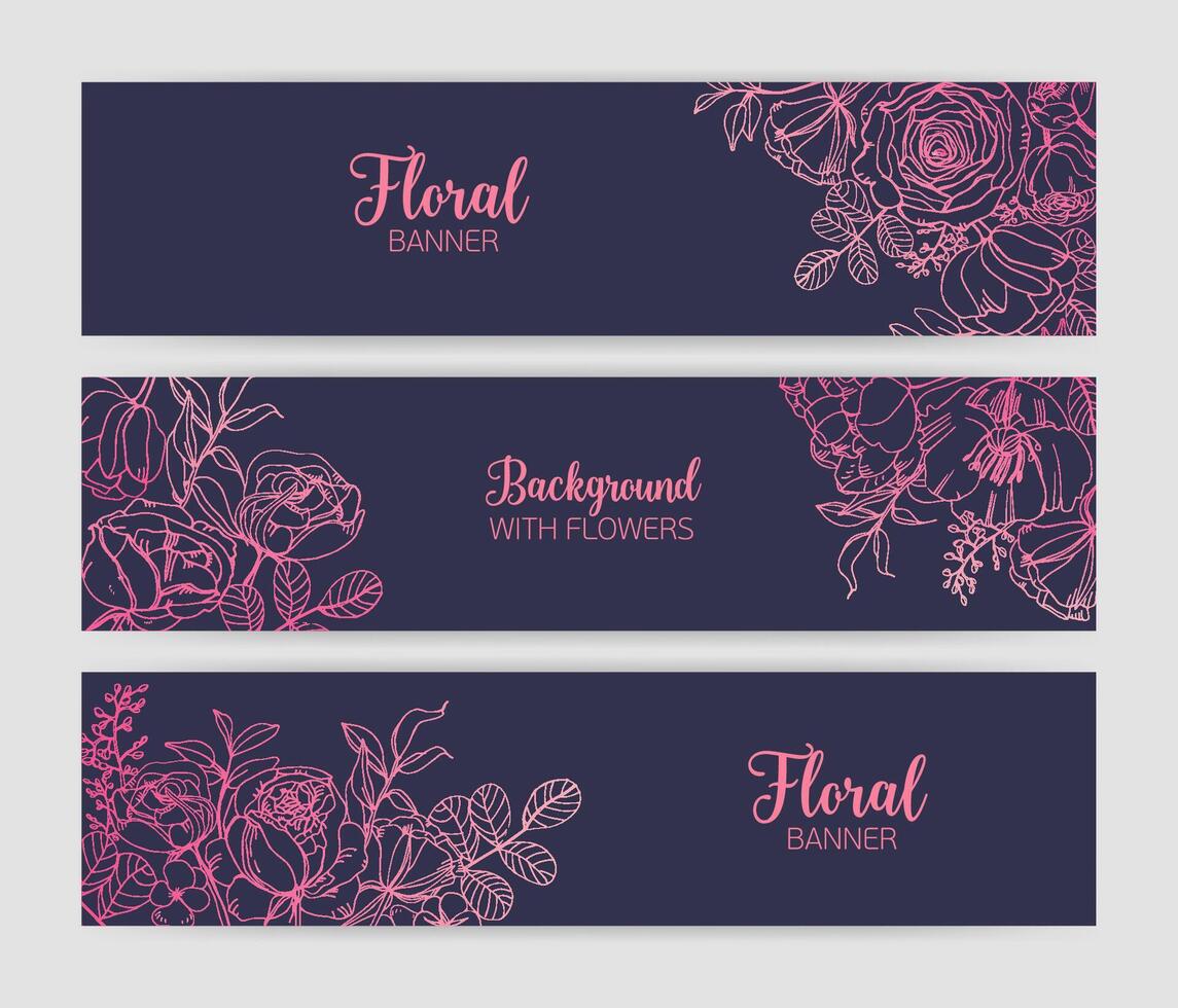 Collection of horizontal floral banners with gorgeous blooming rose flowers and leaves hand drawn with pink contour lines on dark background. Beautiful botanical illustration for advertisement. vector