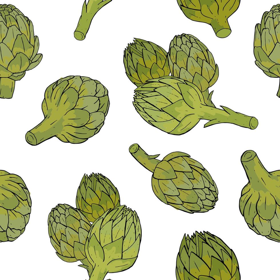 Seamless pattern with green artichoke flower buds or inflorescences hand drawn on white background. Backdrop with tasty cultivated vegetable, delicious vegan food ingredient. illustration. vector