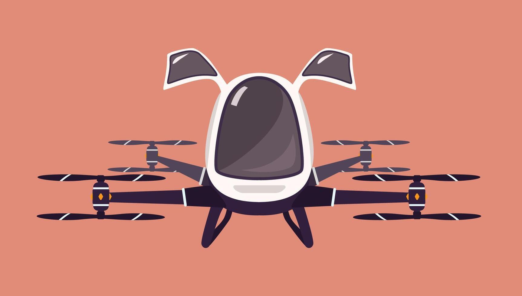 Taxi drone or passenger quadrocopter. Flying futuristic rotor vehicle. Modern unmanned electric aircraft or automated quadrotor isolated on pink background. Cartoon colorful illustration. vector