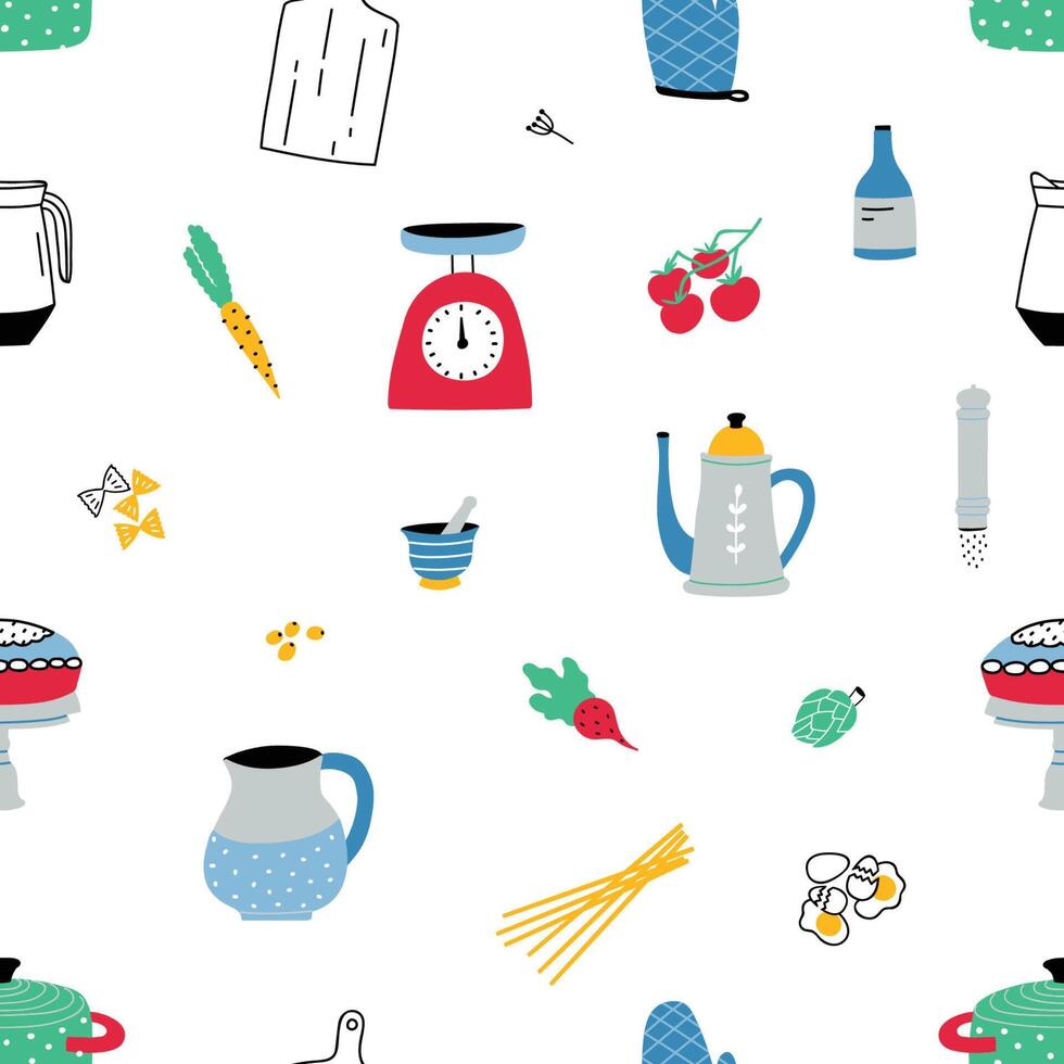 Seamless pattern with colorful hand drawn kitchen utensils and equipment on white background. Backdrop with tools for home cooking or preparation of homemade meals. illustration for wallpaper. vector