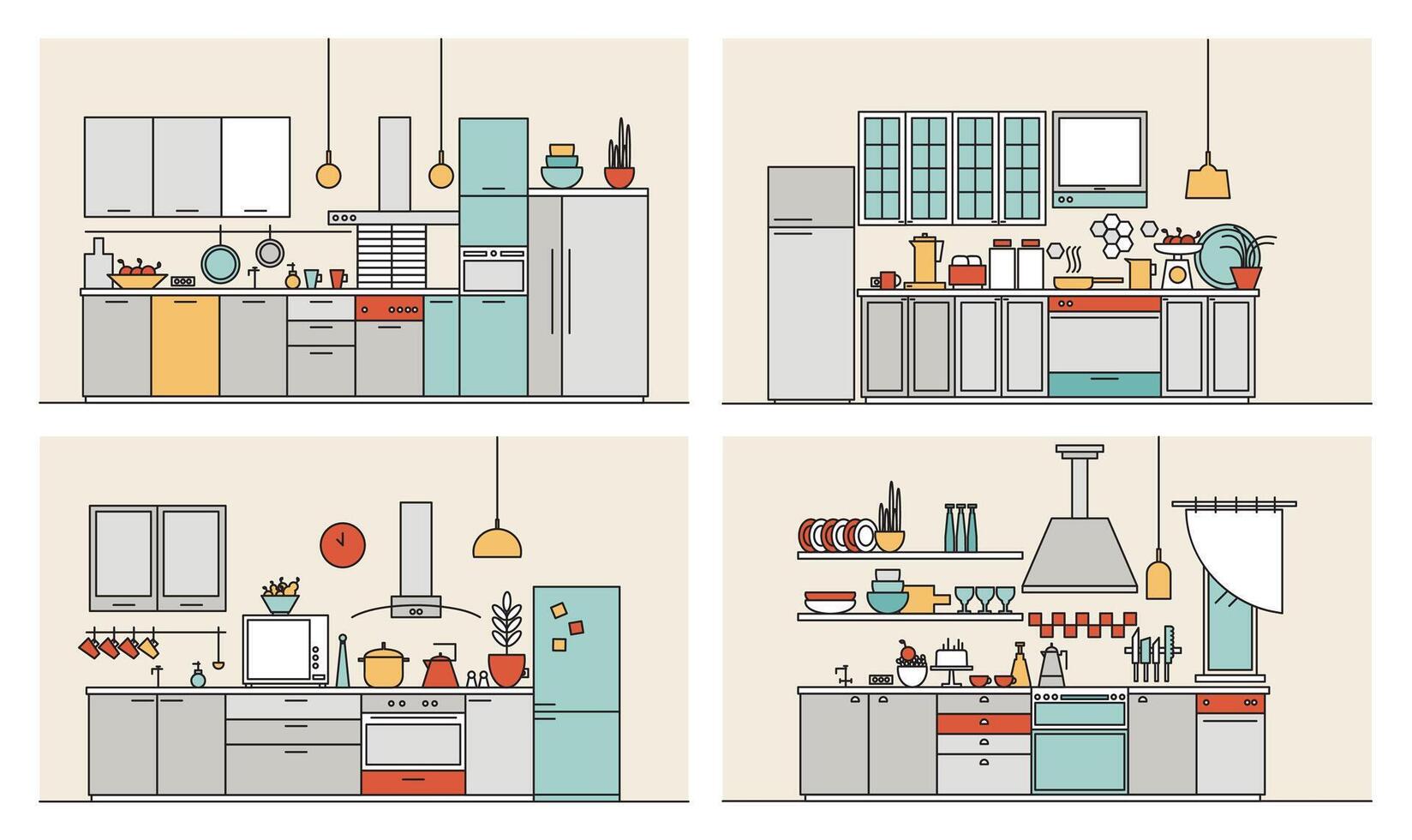 colección de cocinas amueblado con moderno muebles, casa accesorios, Cocinando instalaciones y utensilios conjunto de moderno hogar interiores dibujado en línea Arte estilo. vistoso ilustración vector