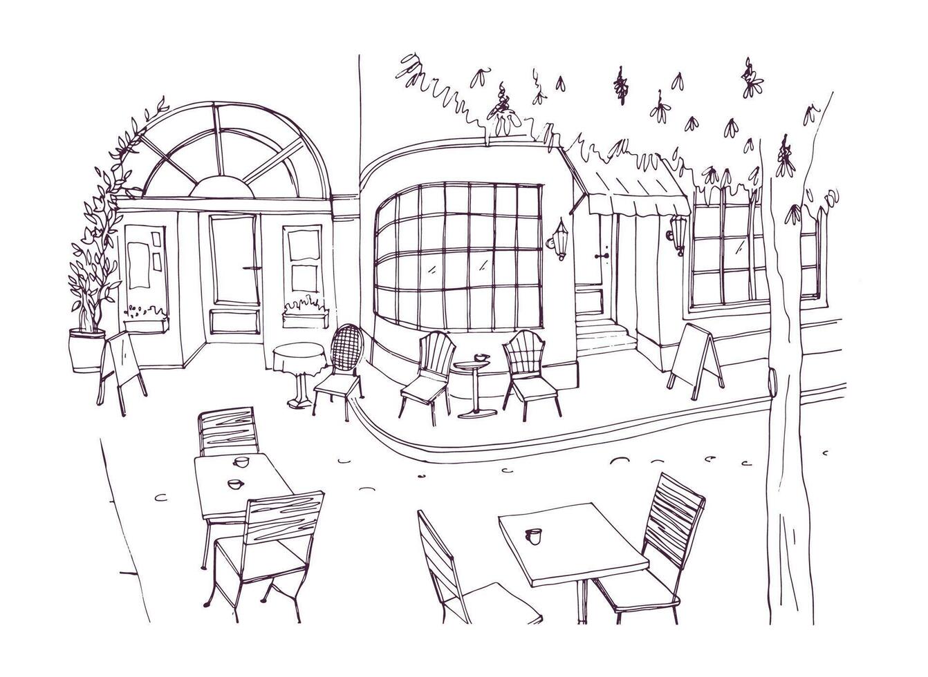 Monochrome rough sketch of european outdoor or sidewalk cafe, restaurant or coffeehouse with tables and chairs standing on city street. illustration hand drawn in black and white colors. vector